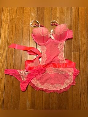Victoria's Secret Hot Pink & Cream Lace Bodysuit with Thong